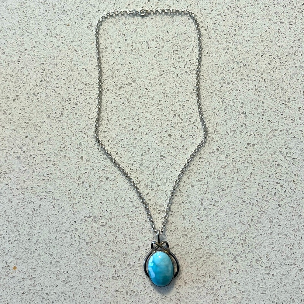 Genuine Larimar Pendant with Sterling Silver Link Chain Necklace